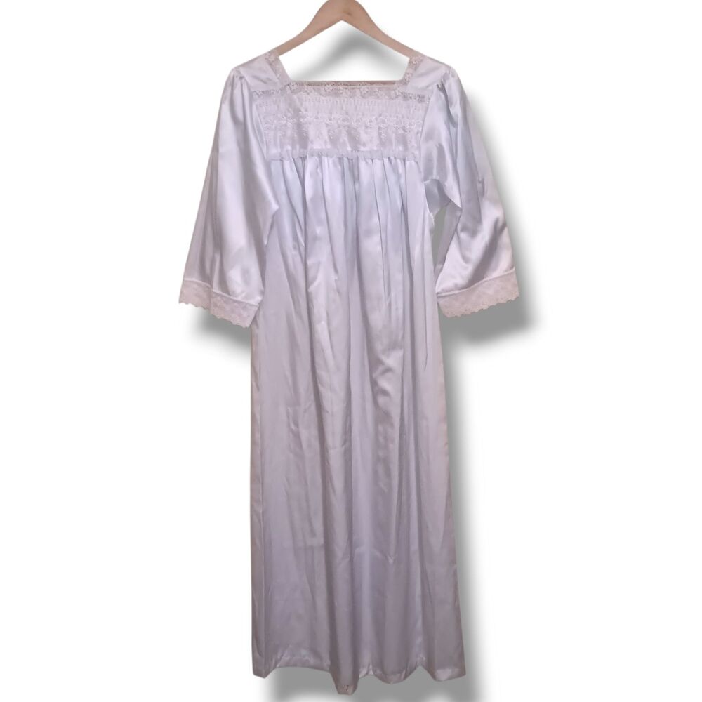 Vintage Christian Dior Satin Nightgown-Small-Square Neck-3/4 Sleeve-Lace Trim